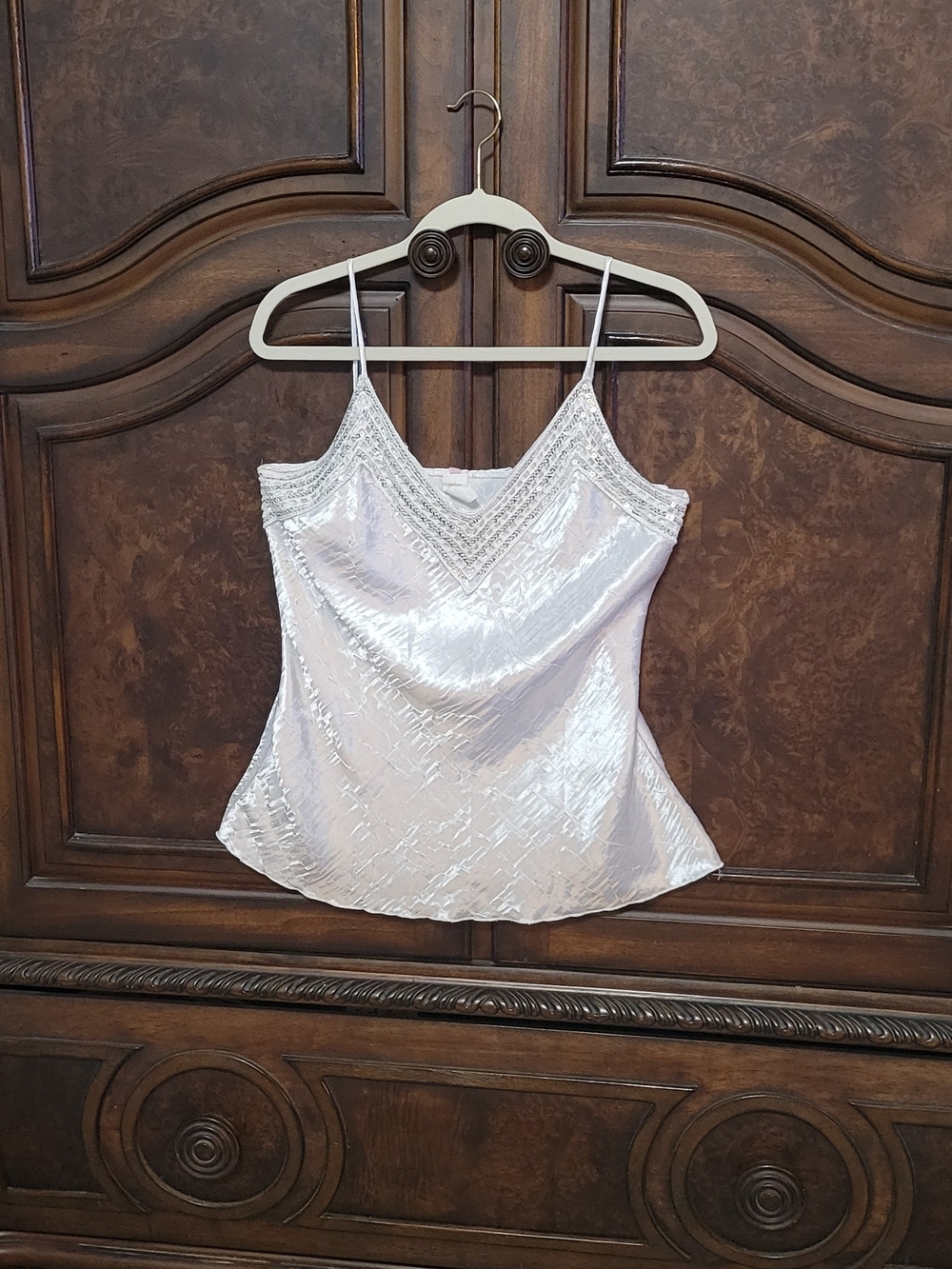 Shimmery White Satin Lace-Trim Camisole